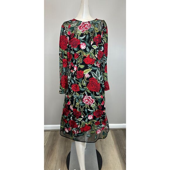 NWT TERI JON Floral-embroidered Illusion Midi-dress In Black Multi US18 $650 - Picture 5 of 11